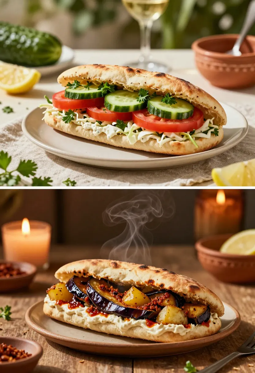 Seasonal sabich collage showing fresh summer and cozy winter sandwich variations.