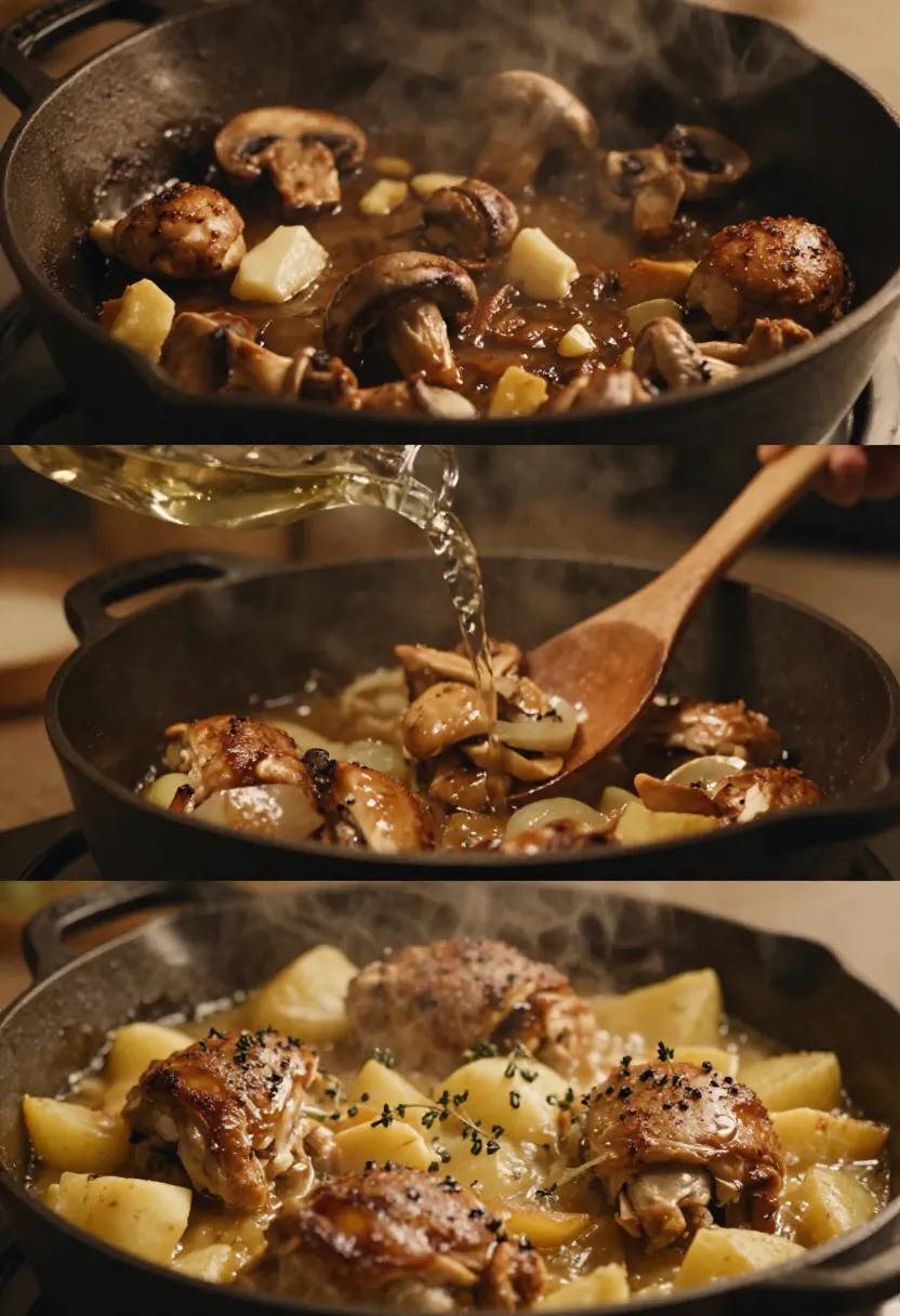 Chicken thighs with mushrooms and potatoes simmering in a skillet, steam rising from a rich pan sauce.