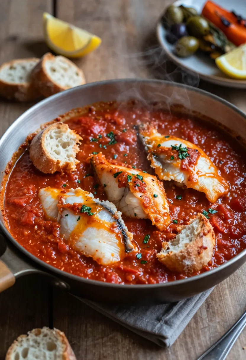 Rustic skillet of chraime fish in rich spicy tomato sauce with bread and herbs on a cozy dinner table
