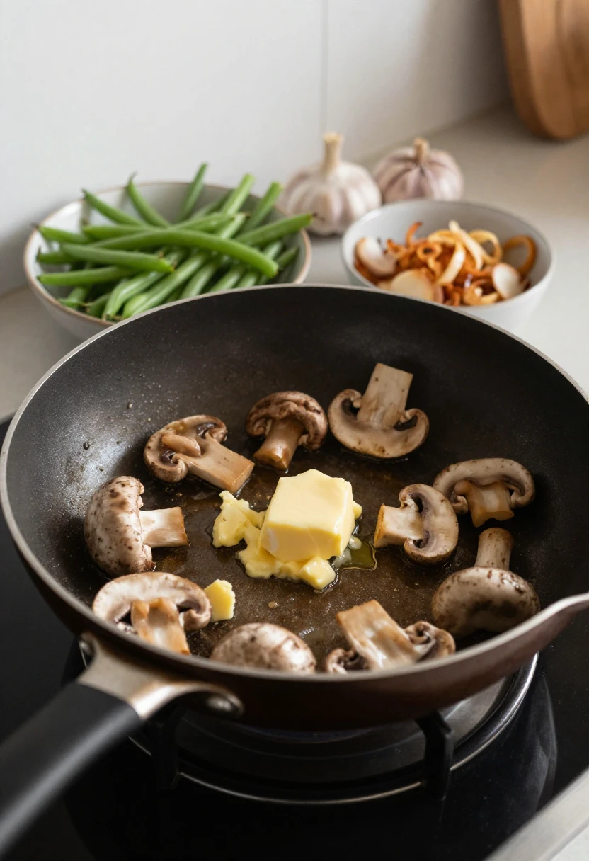 Sautéed mushrooms prepared for an upgraded green bean casserole