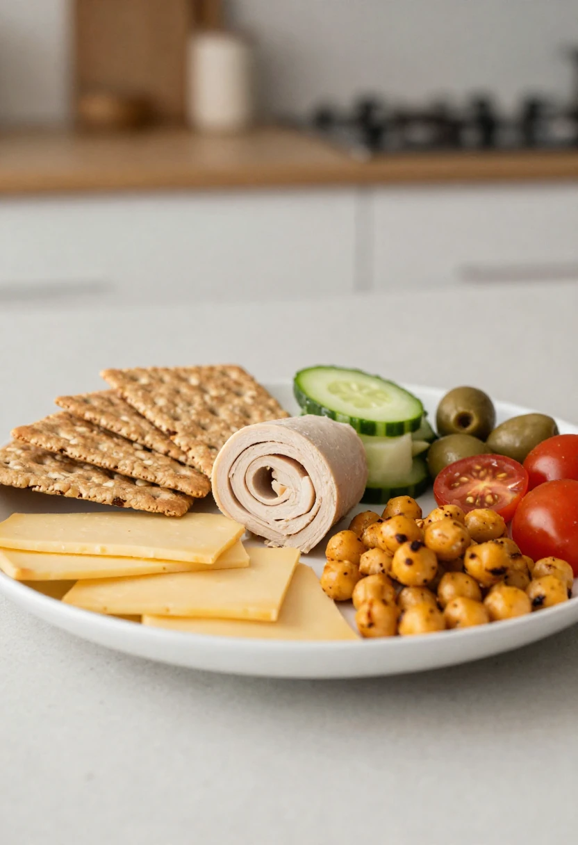 Savory healthy snack plate with crackers, cheese, chickpeas, turkey roll-ups, olives, and tomatoes.