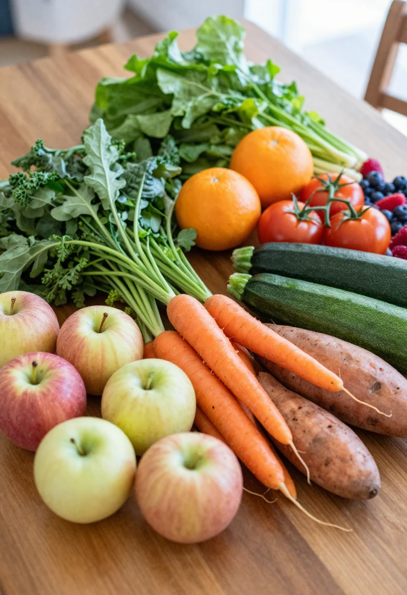Seasonal organic fruits and vegetables arranged on a wooden table.