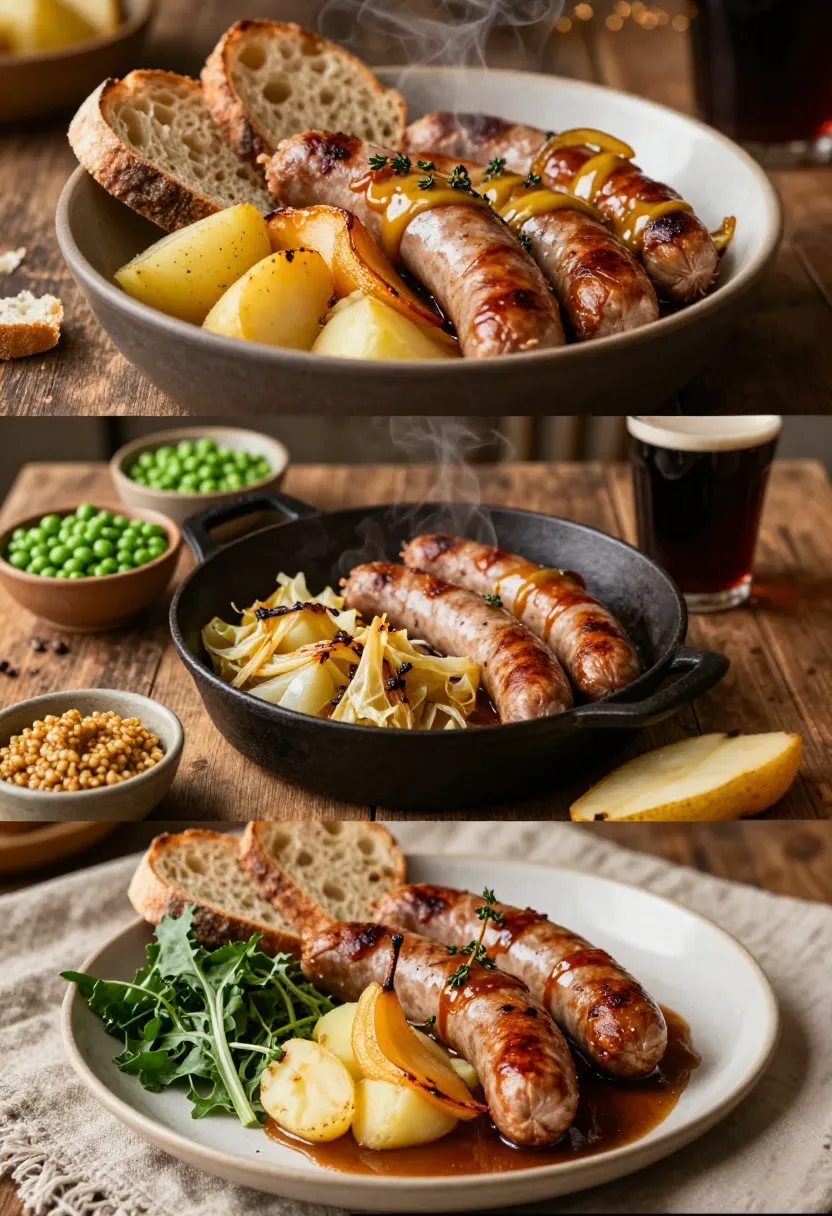 Triptych of hearty sausage dinners: top shows grilled sausages with potato wedges and crusty bread; middle a cast‑iron skillet with sausages, caramelized onions, and mustard; bottom a plate with sausages, potatoes, greens, bread, and rich gravy.
