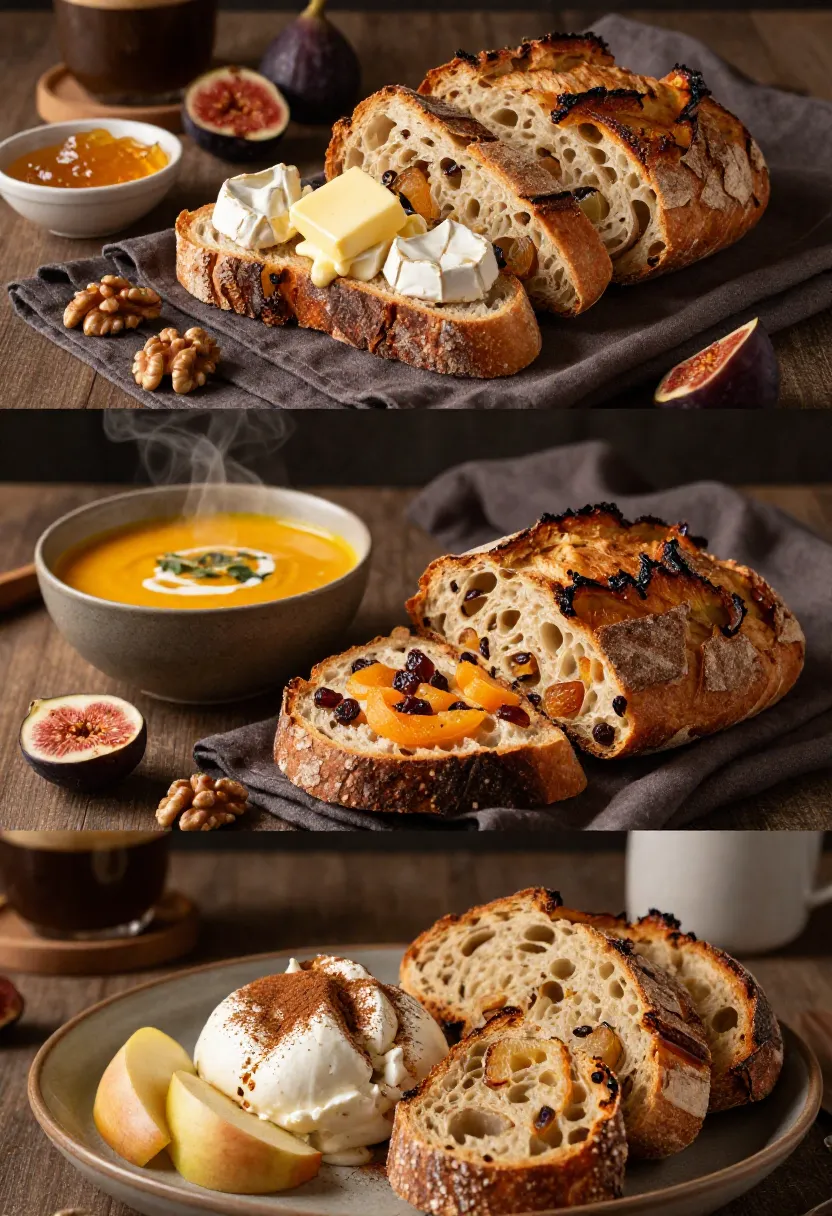 Serving collage of toasted fruit sourdough with butter, soft cheese, soup, figs, walnuts, honey, and cozy autumn-style food styling