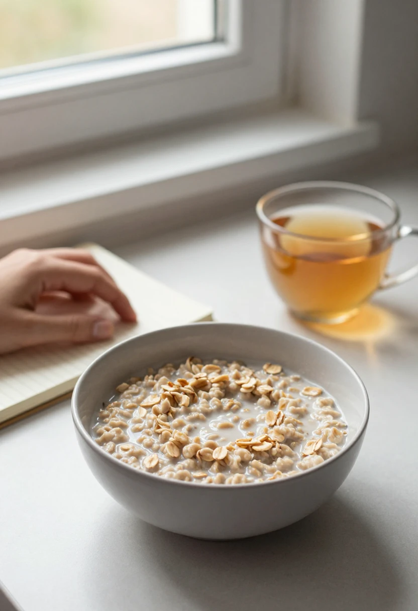 Bowl of oatmeal with milk and almond slices on a light kitchen counter, with a notebook and a cup of tea nearby by a window.