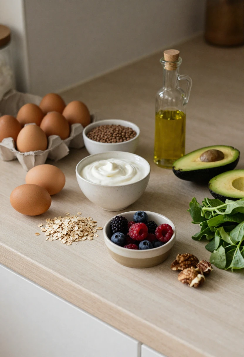 Assorted healthy ingredients on a kitchen counter: eggs, oats, yogurt, berries, avocado, olive oil, greens.
