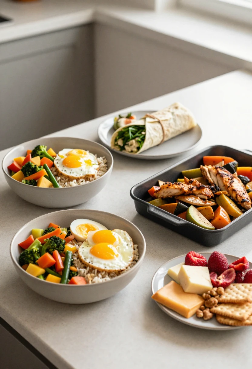 Bowls with rice, vegetables, and sunny-side-up eggs, plus a wrap, roasted chicken with vegetables, and a cheese and fruit platter on the counter.