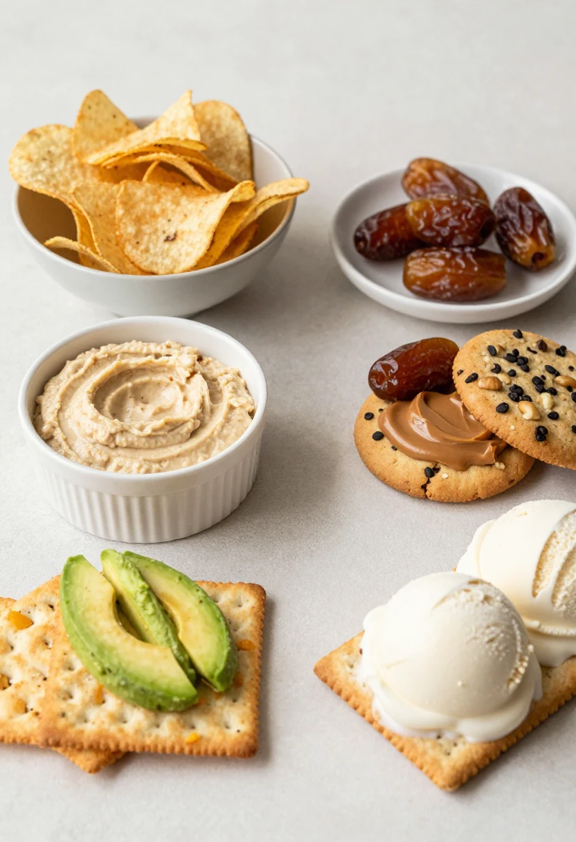 Assorted snacks on a light surface: pita chips with hummus, Medjool dates, sesame-topped peanut-butter cookies, avocado on crackers, and vanilla ice cream on crackers.