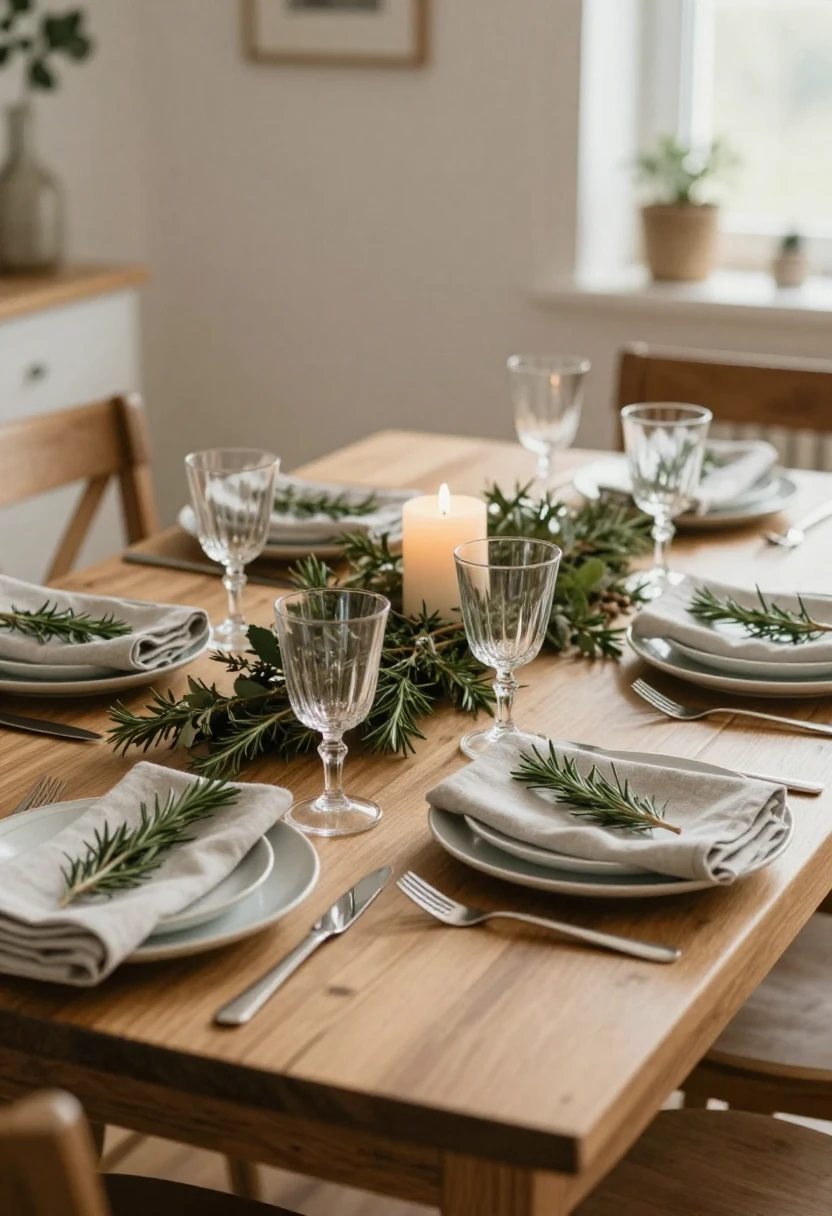 Holiday table set with linen napkins, candles, greenery, plates, and serving utensils.
