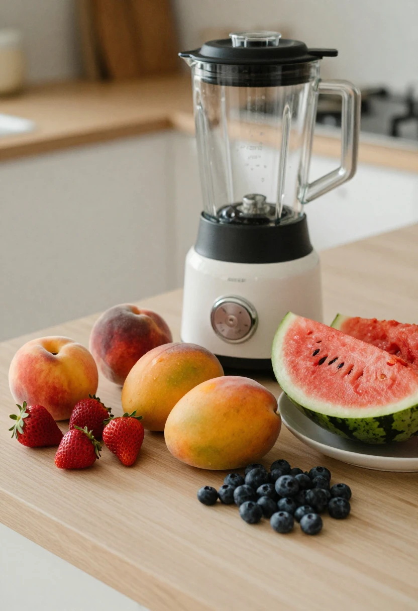 Fresh summer fruit and blender ingredients for simple smoothies.