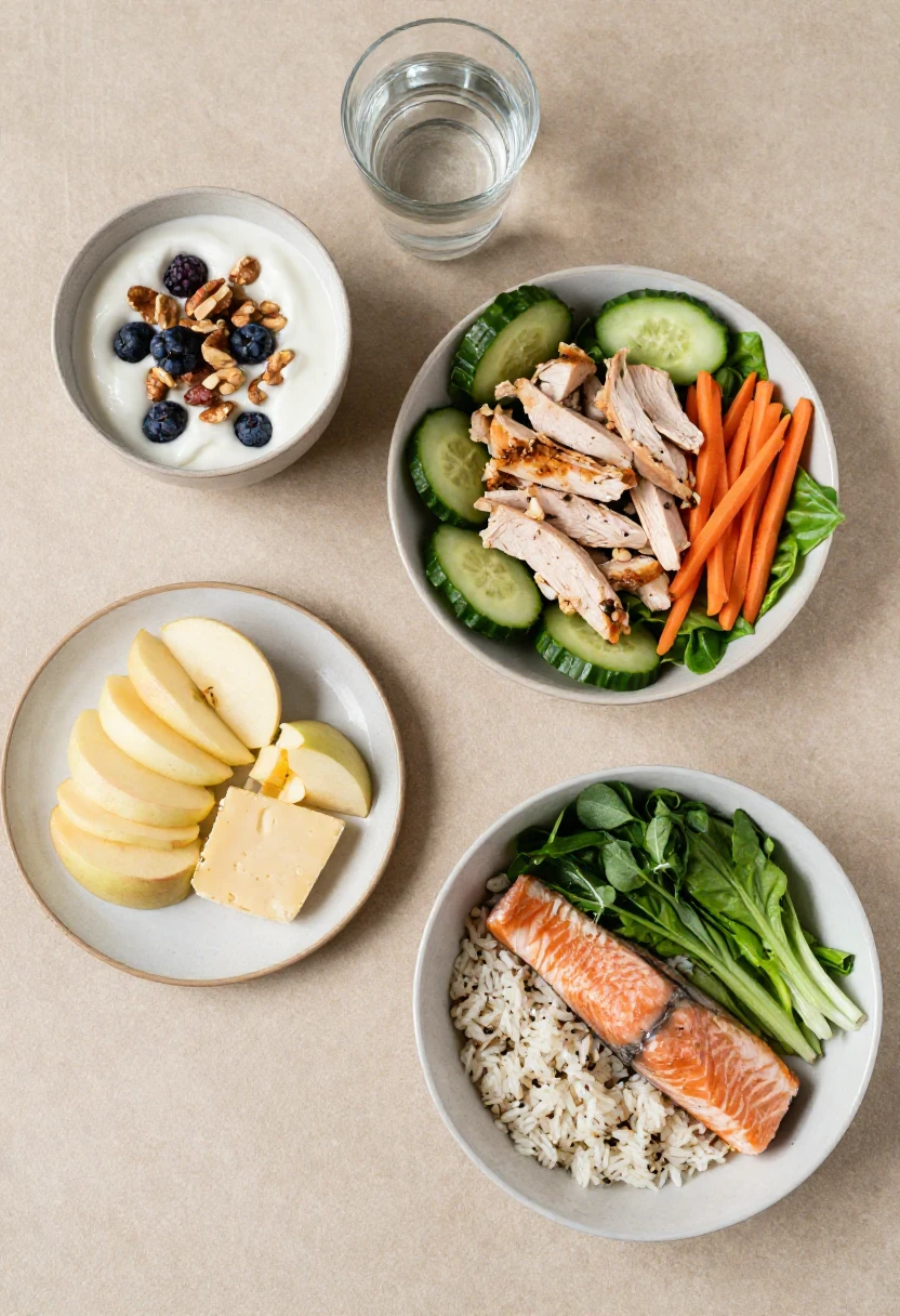 A one-day tooth-friendly meal plan with yogurt and berries, crunchy chicken salad, apple slices with cheese, salmon rice bowl, greens, and water.