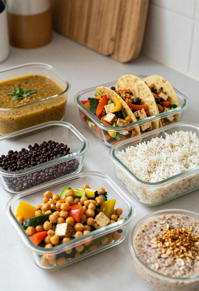 Simple beginner vegetarian meal prep with lentil soup, black bean taco ingredients, tofu rice bowl, chickpea salad, and oatmeal toppings.