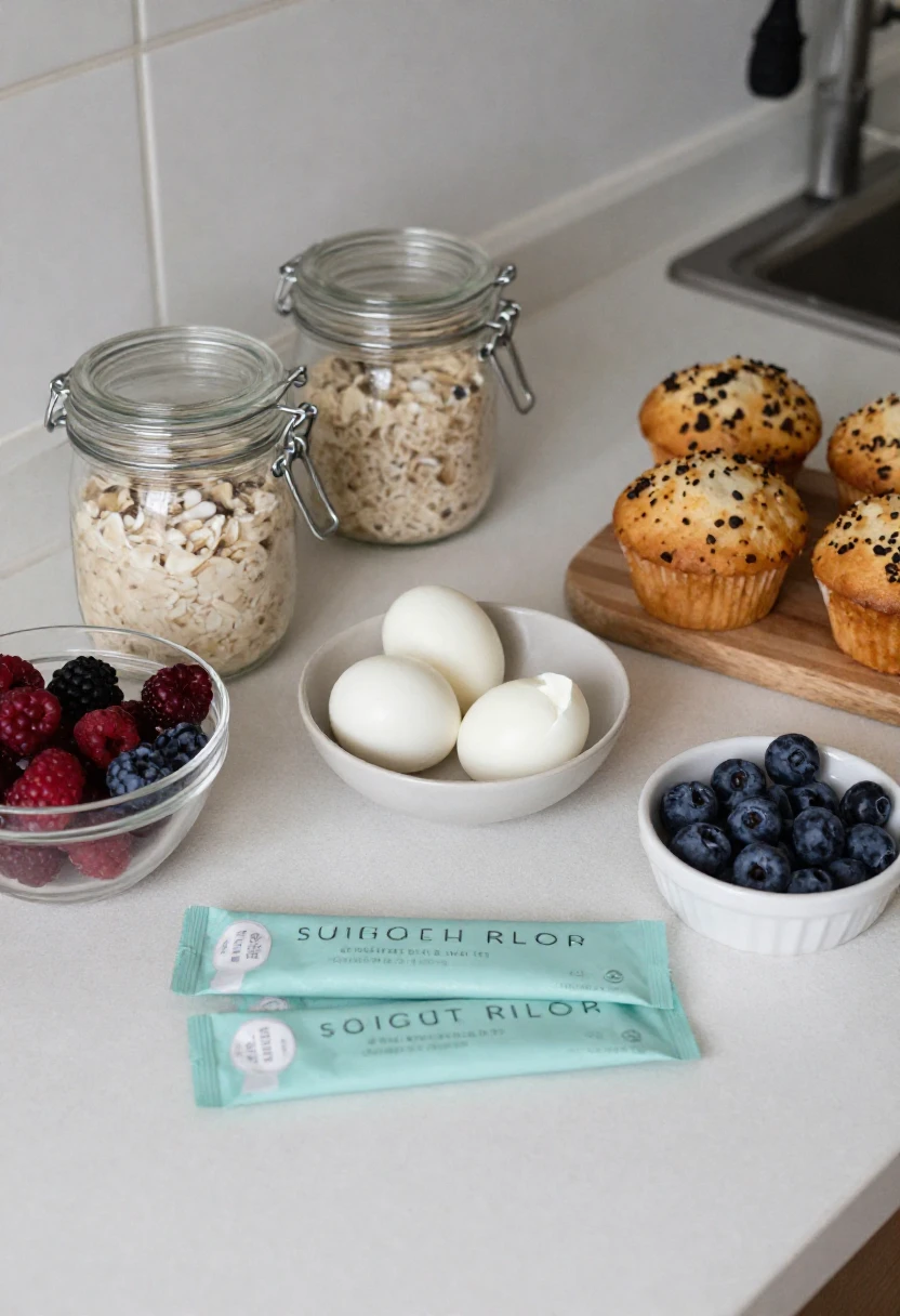 Simple weekly breakfast prep with oats, eggs, berries, smoothie packs, and muffins.