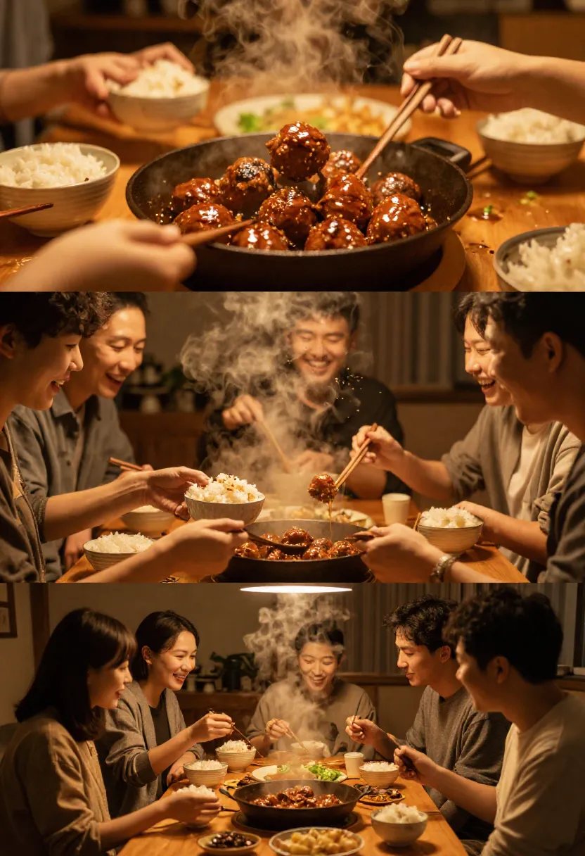 Vertical collage showing people enjoying sticky Asian meatballs together during a cozy warm evening dinner