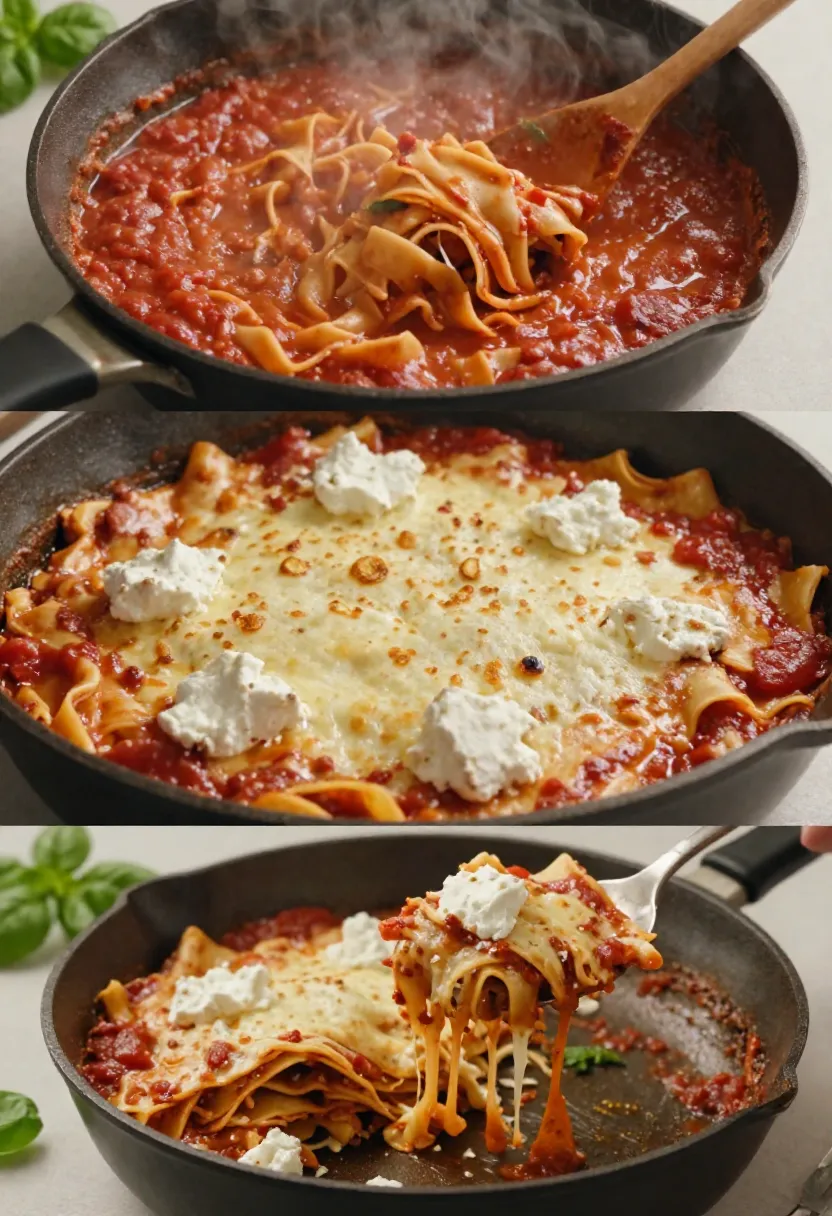 Three-panel collage of pasta in tomato sauce: simmering sauce in a skillet, melted cheese with ricotta dollops, and a fork lifting cheesy pasta.