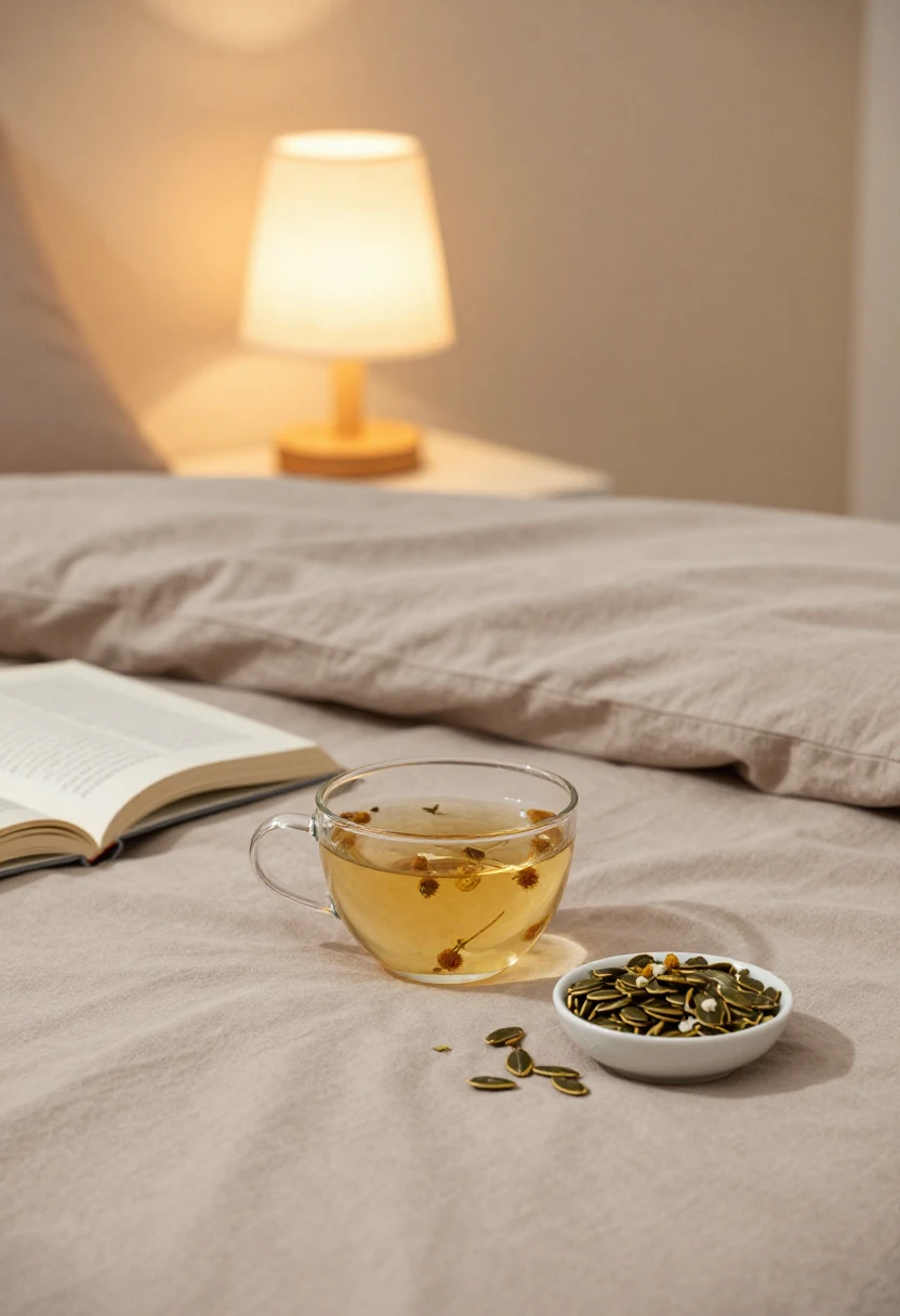 Cozy bedtime routine with chamomile tea, soft bedding, and calming evening foods.
