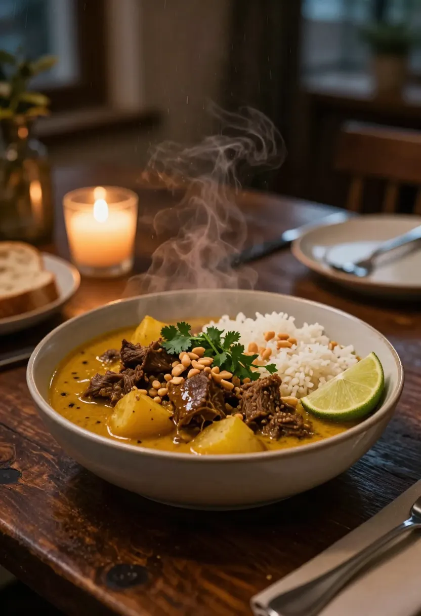 Massaman beef curry served in a cozy slow-evening dinner setting.