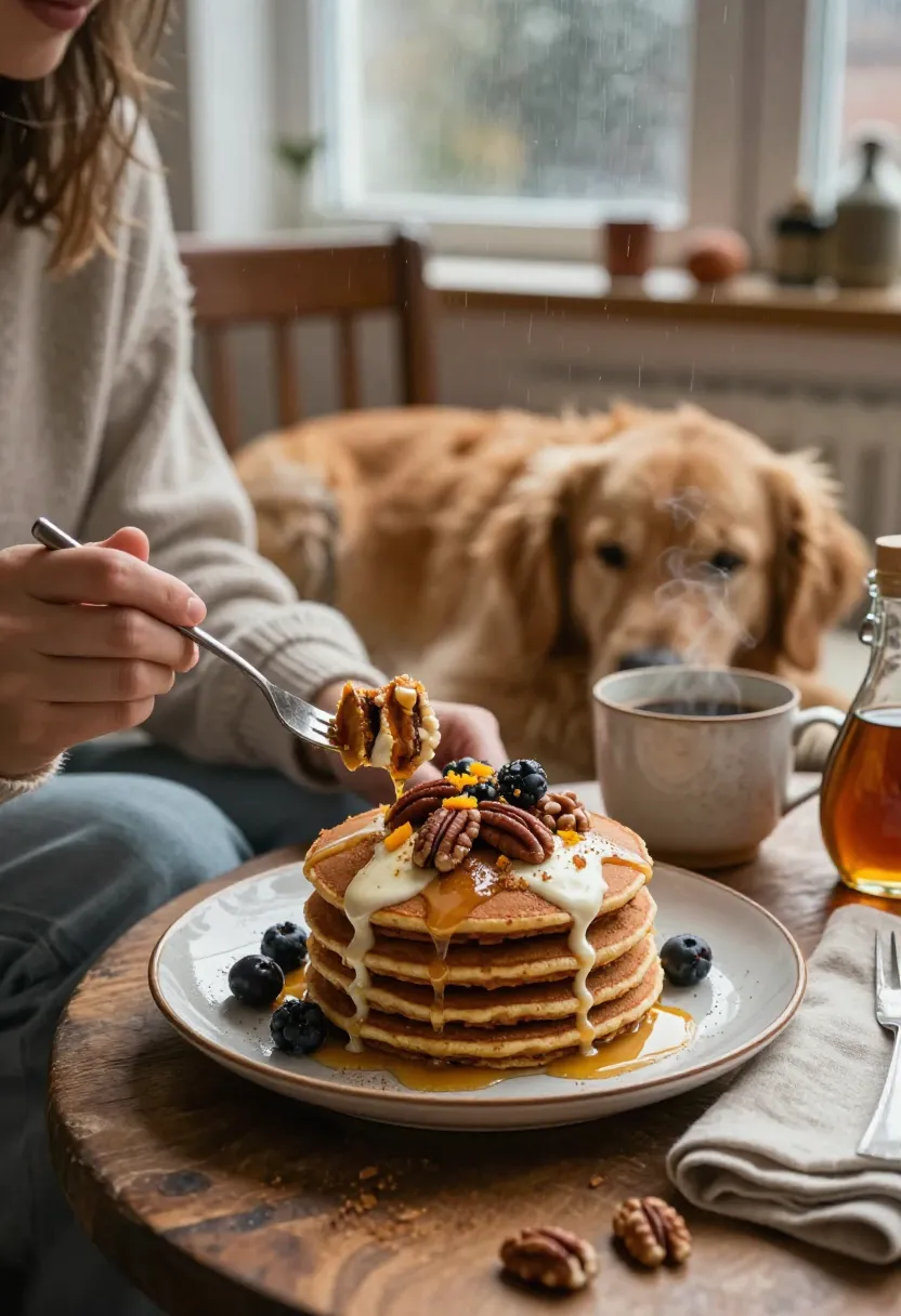 Person enjoying carrot cake pancakes with coffee while a cozy dog rests nearby on a rainy morning.