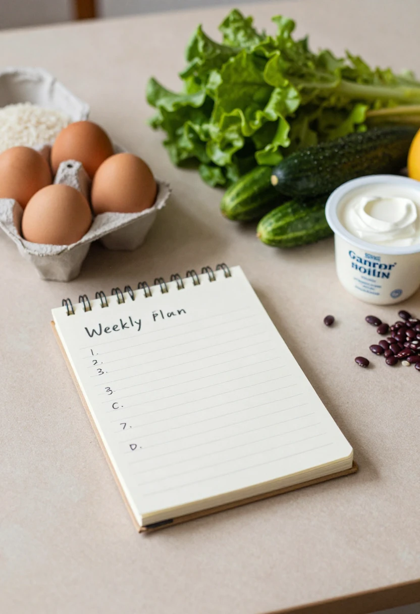 Small weekly meal plan with simple healthy groceries for busy people on a cozy kitchen table.