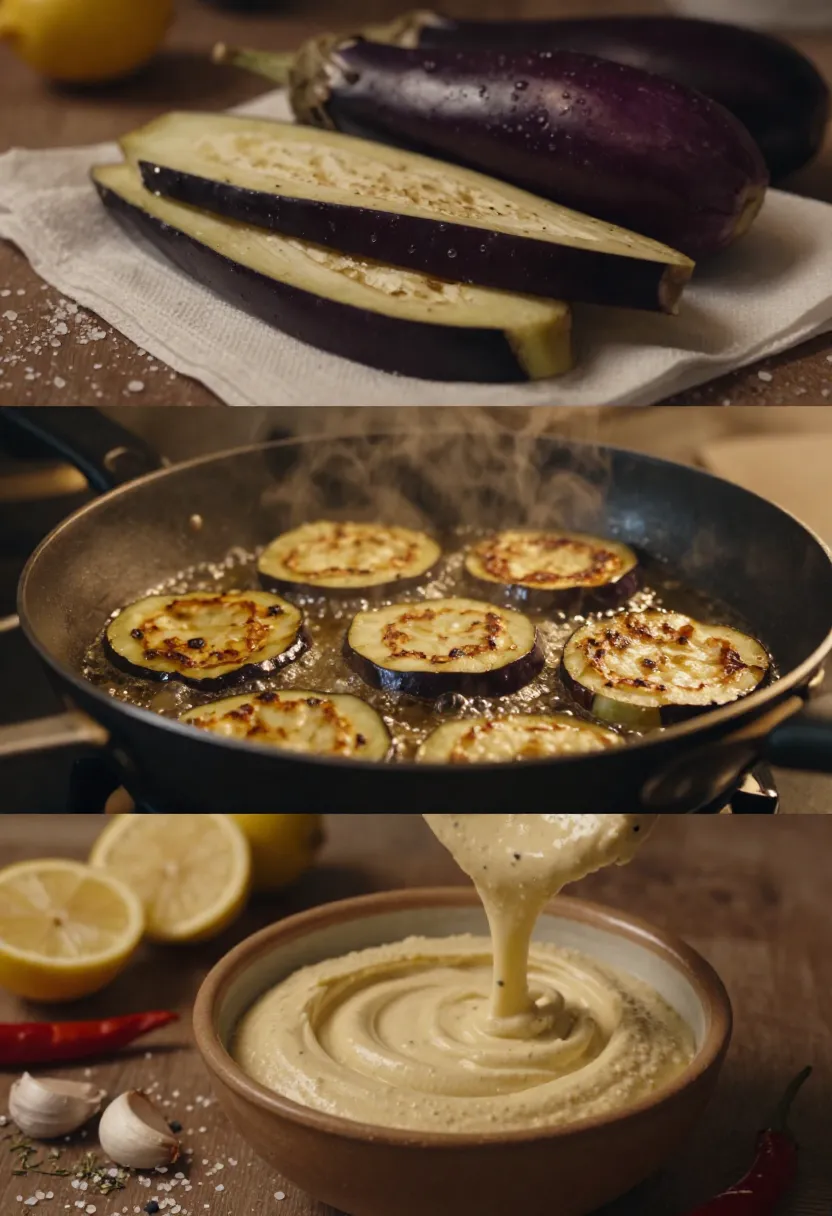 3-frame collage of frying eggplant, tahini sauce, and sabich cooking process.