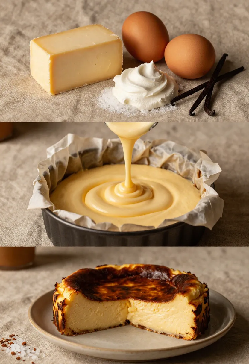 Basque cheesecake ingredients, creamy batter, and caramelized cheesecake slices with soft center.