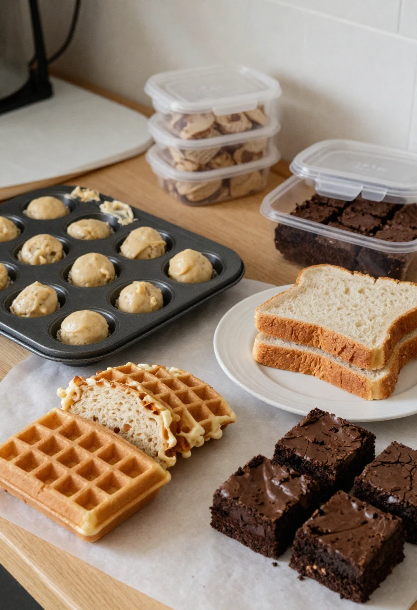 Bake-ahead muffins, cookie dough, waffles, bread, and brownies prepared for easy future meals and snacks.
