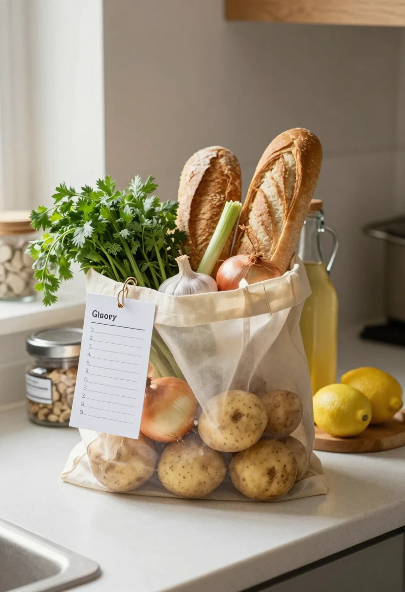 A cloth tote filled with fresh produce: baguettes, potatoes, onions, garlic, celery, parsley, inside a kitchen on a counter.