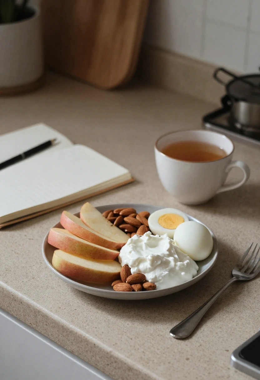 Balanced snack plate with apple slices, almonds, yogurt, and boiled egg on a kitchen counter.