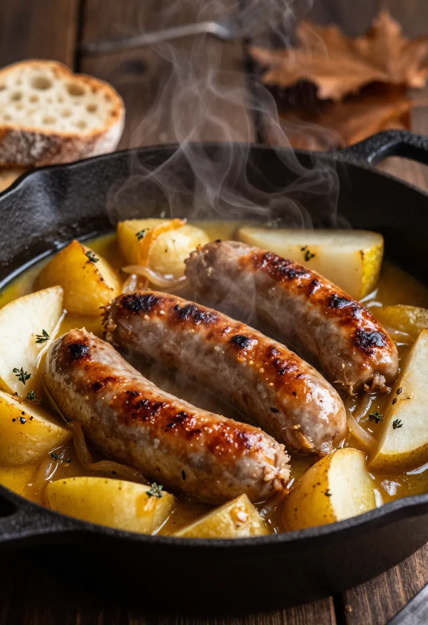 Cast-iron skillet with three browned sausages, potato chunks, and onions in a golden broth, steam rising from the hot dish.