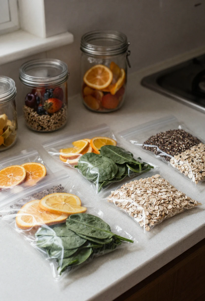 Clear bags of sliced oranges, spinach, oats, and mixed seeds laid out on a kitchen counter with glass jars nearby.