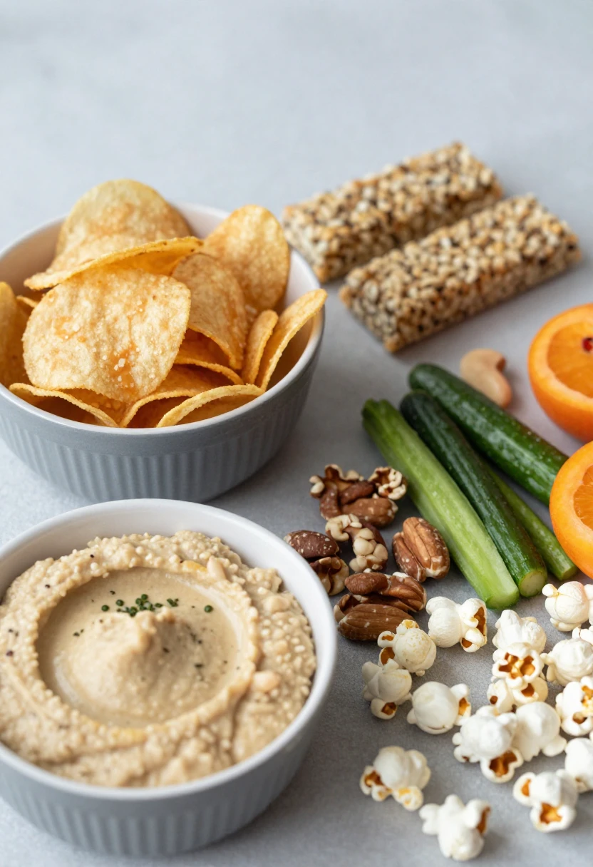 Healthier snack options shown beside salty chips and sugary snack bars.