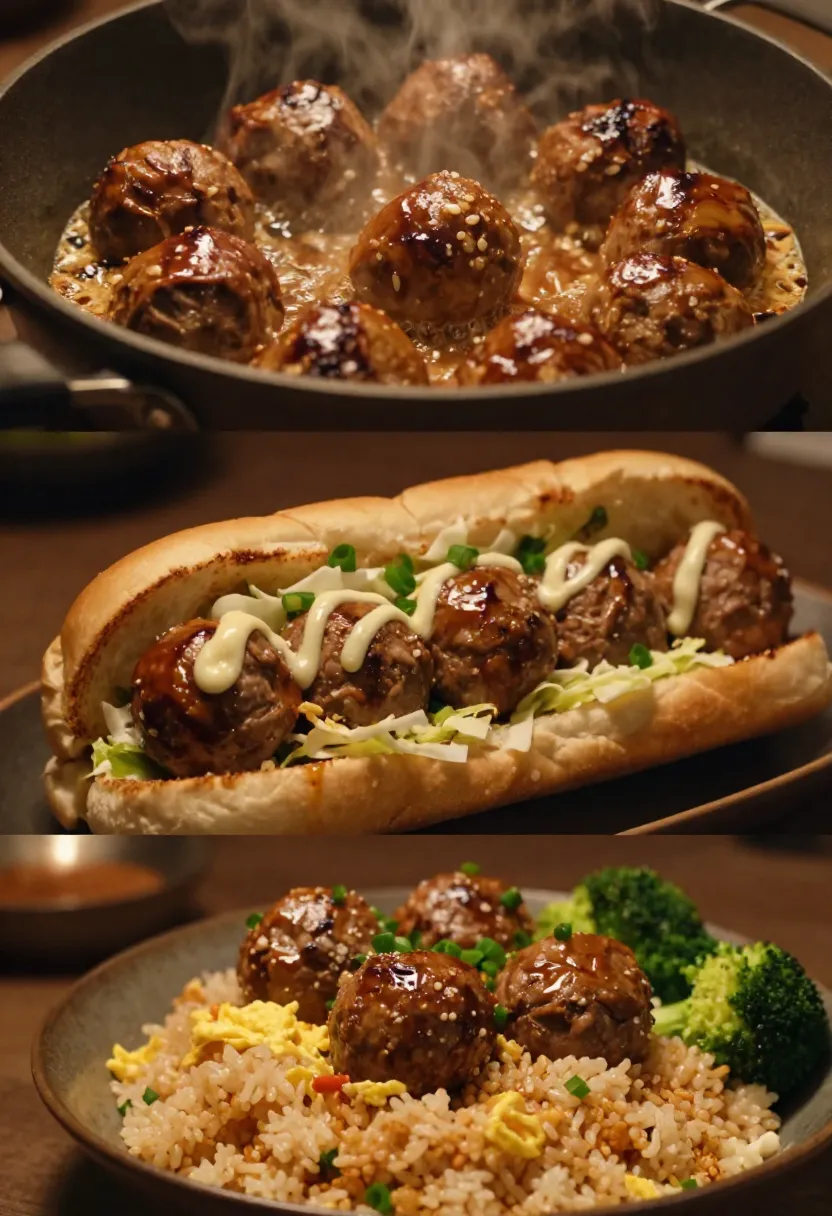 Vertical collage showing reheated Asian meatballs, leftover sandwich variation, and meatballs served over fried rice with vegetables