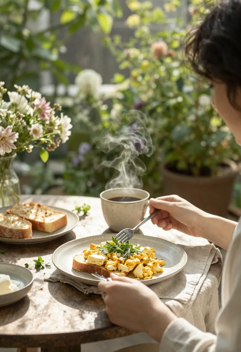Person enjoying tofu scramble breakfast with coffee on a flower-filled veranda.