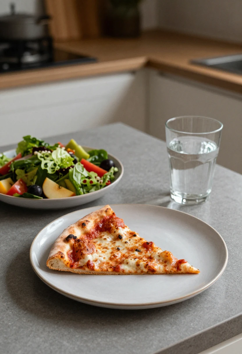 Balanced meal with pizza, salad, fruit, and water showing a flexible approach to healthy eating.