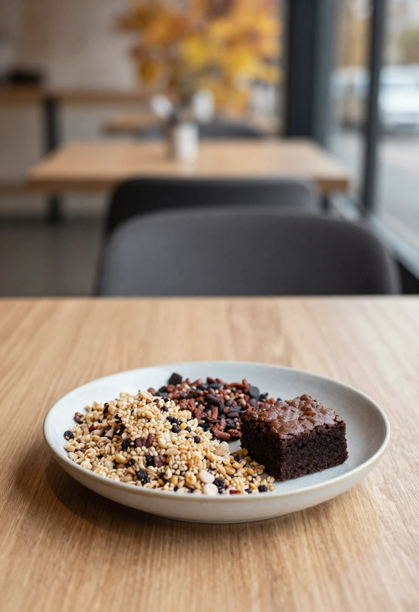 Grain bowl and brownie shown together to represent neutral food choices
