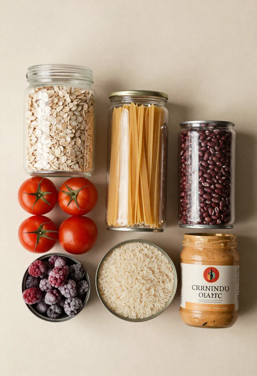 Assorted pantry staples arranged on a light background: oats in a glass jar, spaghetti in a jar, red beans in another jar, fresh tomatoes, a can with berries, a tin of rice, and a jar of spread.