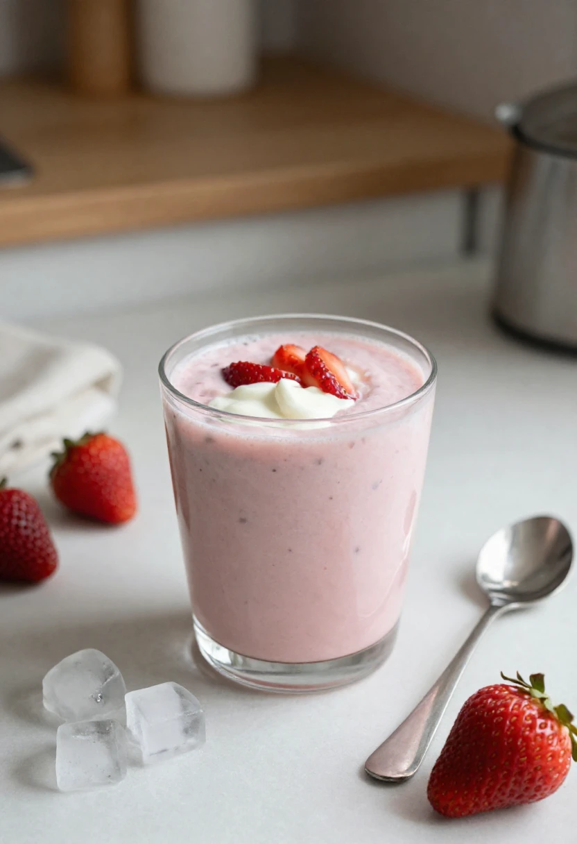 Pink strawberry smoothie in a glass topped with whipped cream and sliced berries.