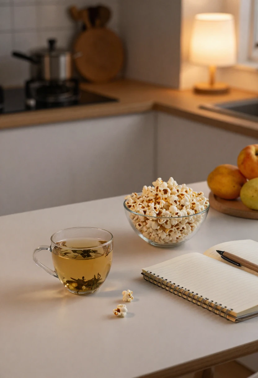 A calming snack setup with tea, popcorn, fruit, and a notebook.