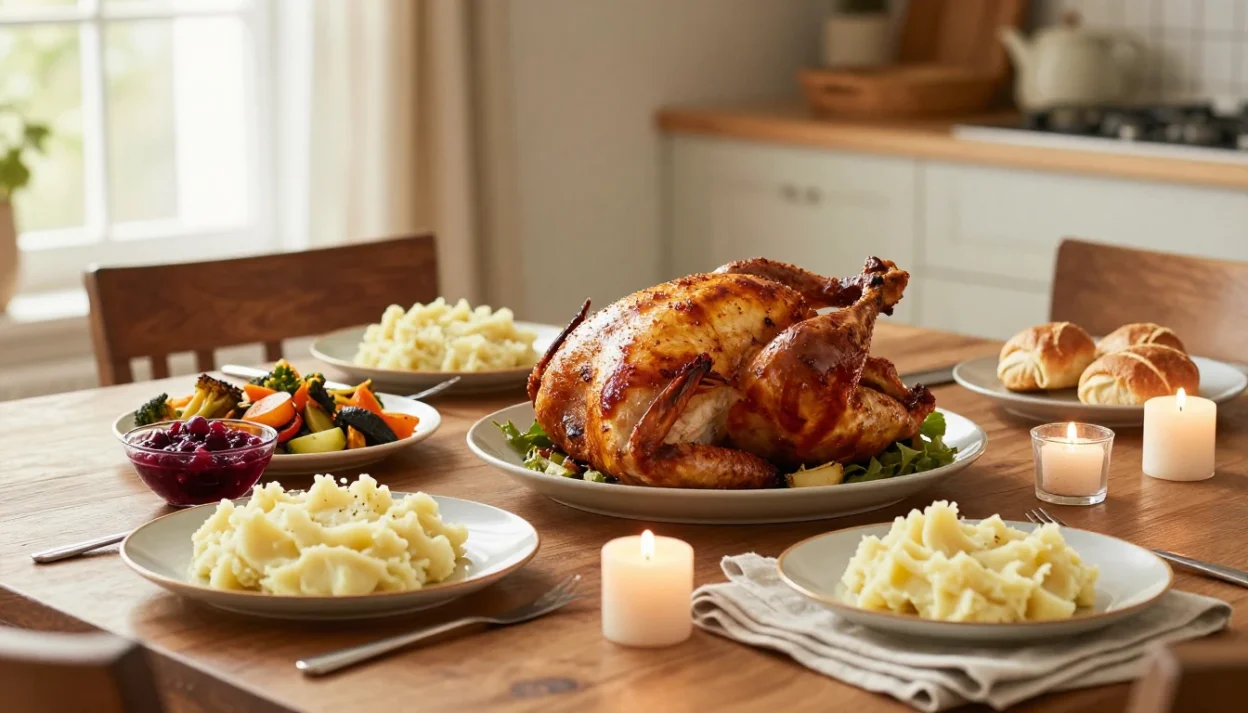 Stress-free holiday meal table with roasted chicken, sides, candles, and warm festive decor.