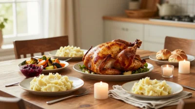 Stress-free holiday meal table with roasted chicken, sides, candles, and warm festive decor.