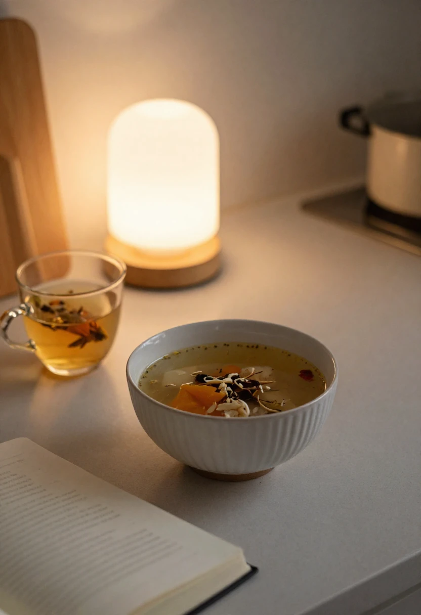 Warm soup, herbal tea, and journal for gentle stress support during autoimmune care.
