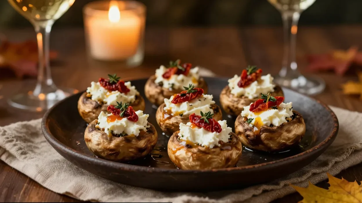 Stuffed mushrooms with goat cheese on an elegant dinner table