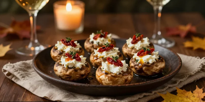 Stuffed mushrooms with goat cheese on an elegant dinner table