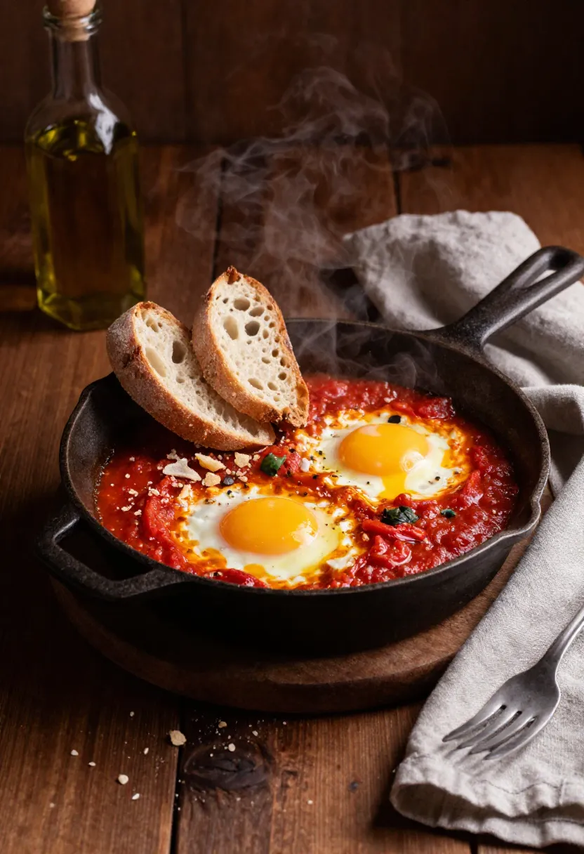 Huevos a la flamenco in a rustic skillet with warm bread and cozy evening atmosphere