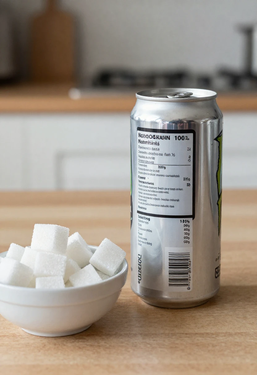 Metal soda can with a nutrition label on a wooden kitchen counter, next to a bowl of white sugar cubes.