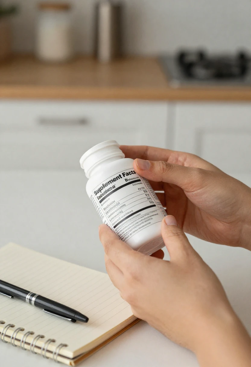 Hands checking the Supplement Facts label on a vitamin bottle