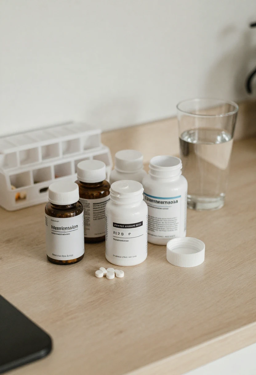 Medicine bottles and loose tablets on a wooden surface with a glass of water in the background.