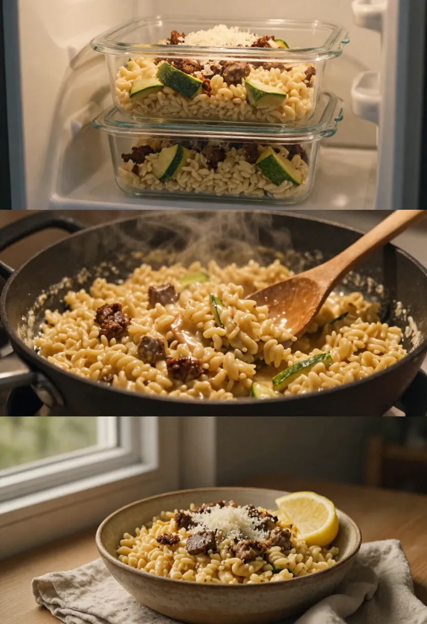 Collage showing pasta with zucchini and sausage prepared in stages: stored in glass containers, cooked in a skillet, then plated with cheese and lemon garnish.