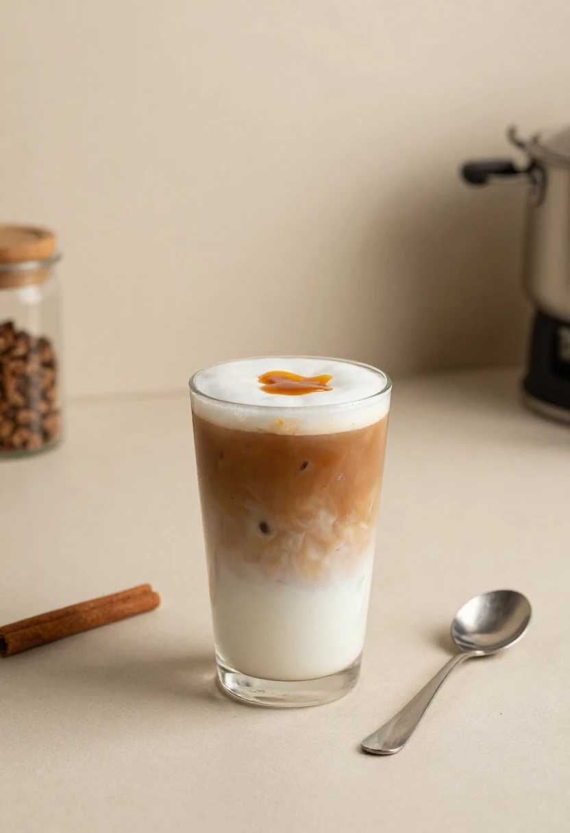 Tall glass of layered iced coffee with milk, coffee, and foam, topped with a caramel garnish; cinnamon stick on the left and a spoon on the right on a beige kitchen counter.