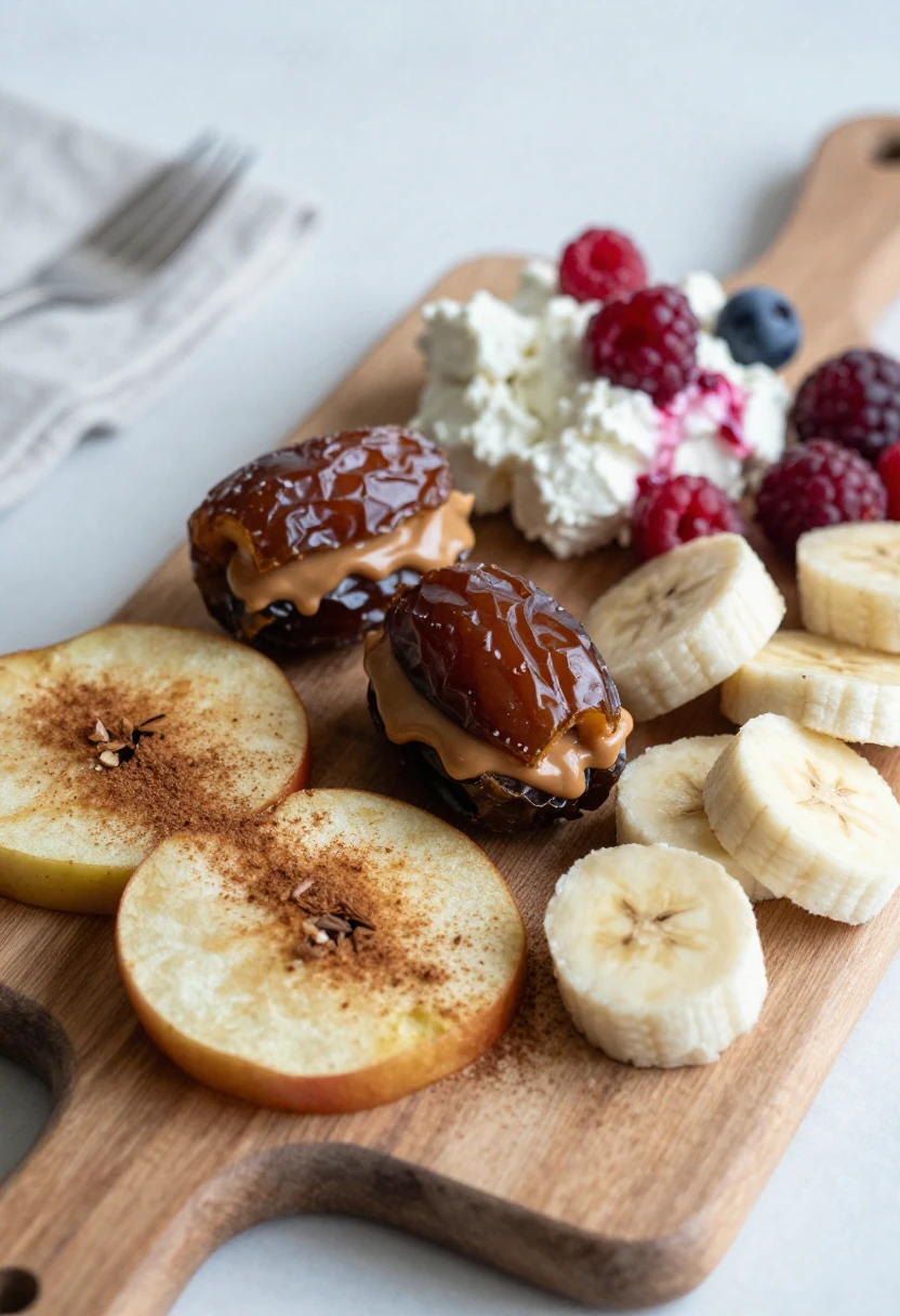 Wooden board snack platter with cinnamon-sprinkled apple slices, banana coins, berries, and two date halves filled with peanut butter.